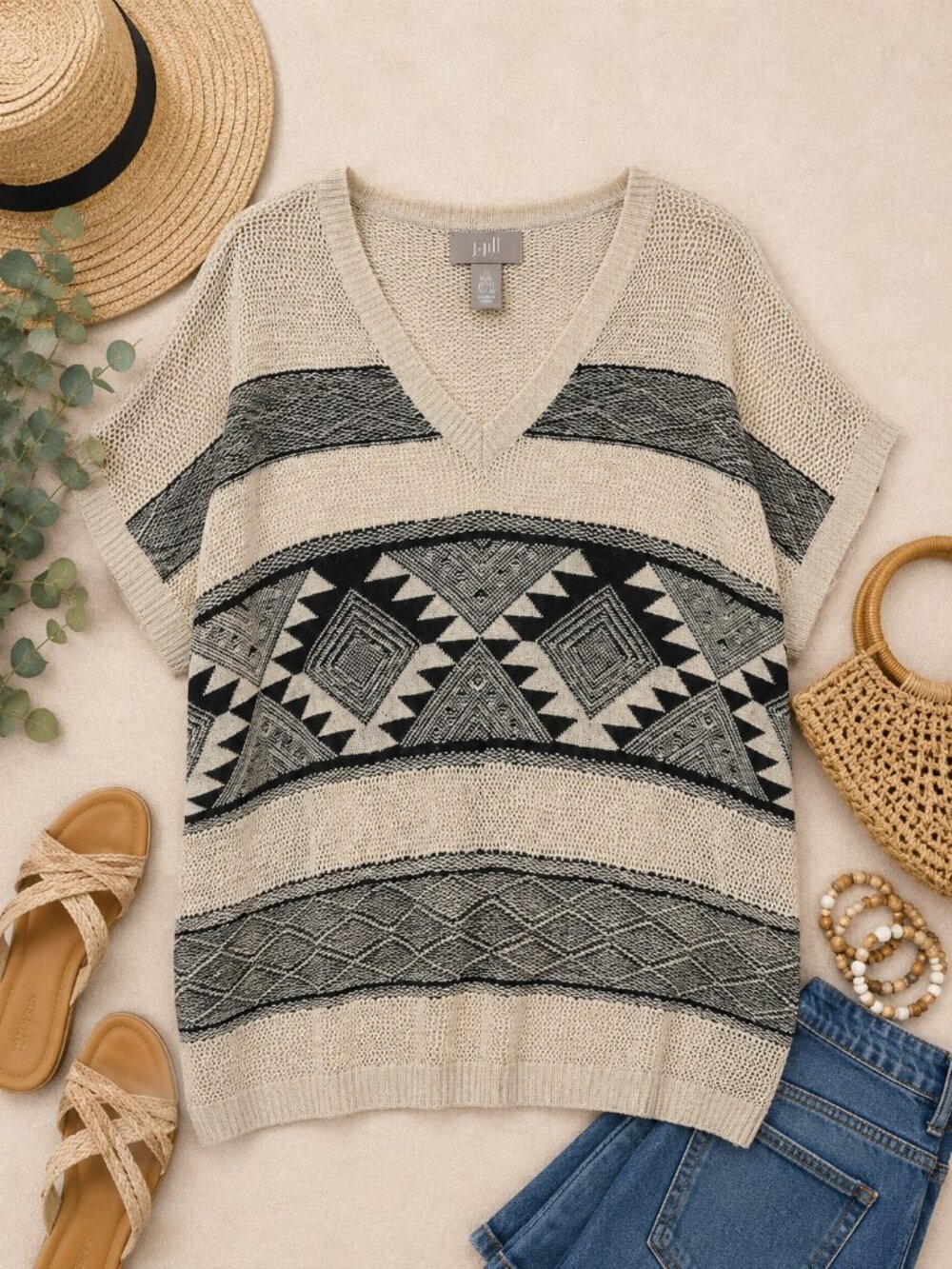 J.Jill Petite M/L Linen Viscose Geometric Open Knit Sweater Top Boho Neutral